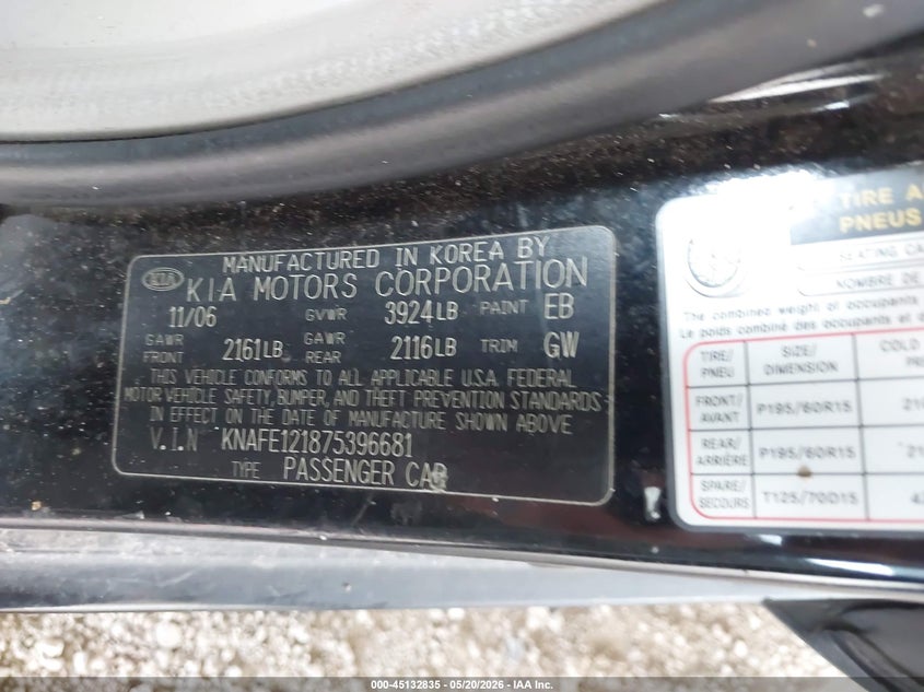 2007 Kia Spectra VIN KNAFE121875396681 IAAI salvage auction — FRONT END, Salvage (Texas), sold $400 on 2026-07-07 (photo 9)