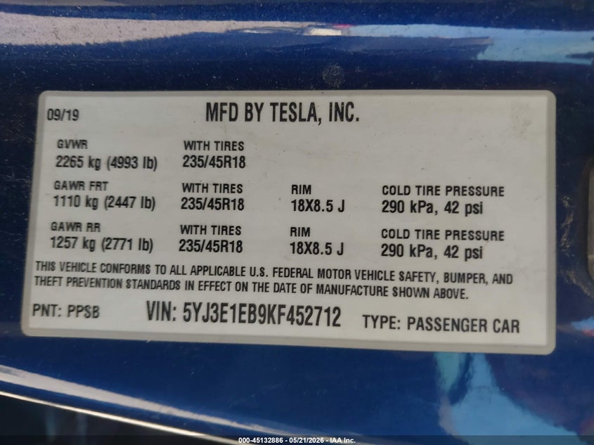2019 Tesla Model 3 VIN 5YJ3E1EB9KF452712 IAAI salvage auction — LEFT REAR, Salvage (Illinois), sold $6,600 on 2026-07-23 (photo 9)