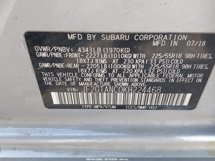 2019 Subaru Xv VIN JF2GTANC0KH224468 IAAI salvage auction — FRONT END, Original (Texas), sold $3,500 on 2026-07-29 (photo 9)