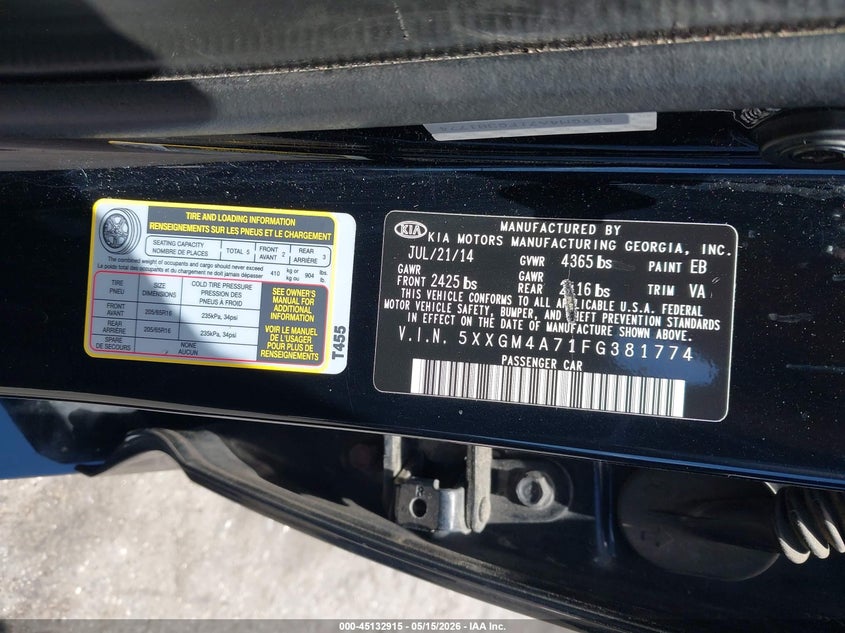 2015 Kia Optima VIN 5XXGM4A71FG381774 IAAI salvage auction — RIGHT FRONT, Rebuildable (Florida), sold $300 on 2026-07-28 (photo 9)