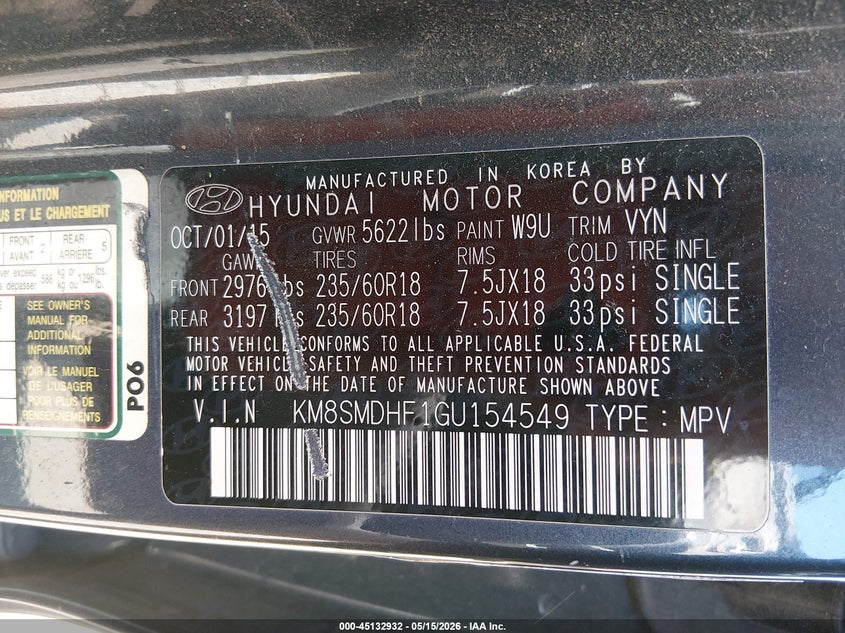 2016 Hyundai Santa fe VIN KM8SMDHF1GU154549 IAAI salvage auction — REAR END, Salvage (Mississippi), sold $1,300 on 2026-07-08 (photo 9)