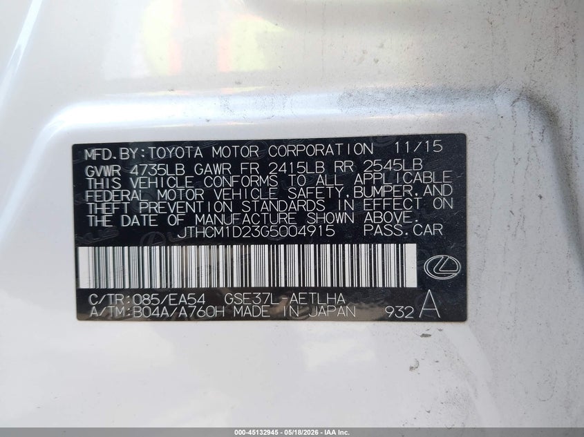 2016 Lexus Is VIN JTHCM1D23G5004915 IAAI salvage auction — SIDE, Salvage (New Hampshire), sold $2,450 on 2026-07-12 (photo 9)