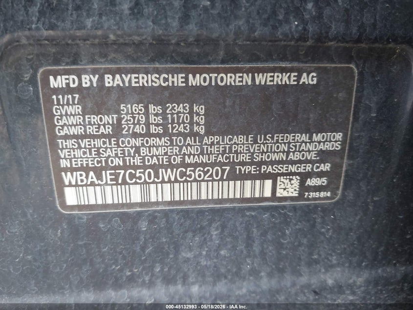 2018 BMW 5er VIN WBAJE7C50JWC56207 IAAI salvage auction — FRONT END, Salvage (Texas), sold $8,500 on 2026-07-23 (photo 9)