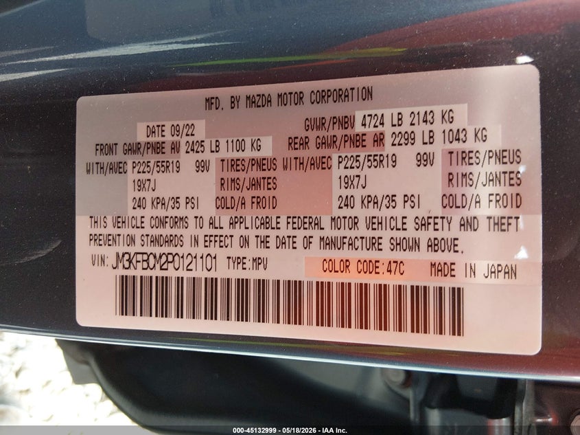 2023 Mazda Cx-5 VIN JM3KFBCM2P0121101 IAAI salvage auction — RIGHT FRONT, Salvage (West Virginia), sold $6,500 on 2026-07-29 (photo 9)