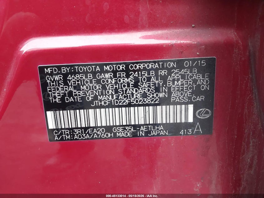 2015 Lexus Is VIN JTHCF1D22F5023822 IAAI salvage auction — FRONT END, Salvage (Pennsylvania), sold $825 on 2026-07-21 (photo 9)