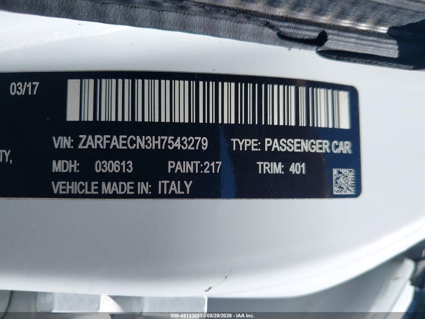 2017 Alfa romeo Giulia VIN ZARFAECN3H7543279 IAAI salvage auction — THEFT, Clear (Virginia), sold $1,100 on 2026-07-29 (photo 9)