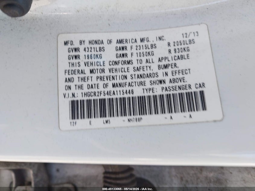 2014 Honda Accord VIN 1HGCR2F54EA115446 IAAI salvage auction — FRONT & REAR, Salvage (California), sold $1,150 on 2026-07-09 (photo 9)