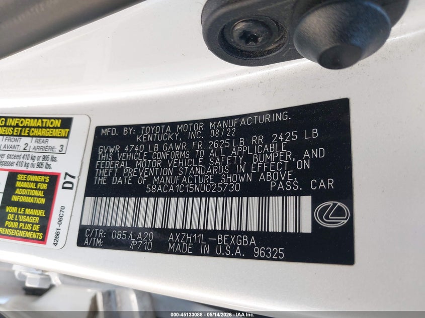 2022 Lexus ES VIN 58ACA1C15NU025730 IAAI salvage auction — REAR END, Wait Title, sold $12,600 on 2026-07-31 (photo 9)