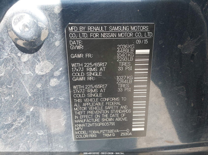 2016 Nissan Rogue VIN KNMAT2MT5GP605791 IAAI salvage auction — LEFT SIDE, Salvage (Texas), sold $425 on 2026-07-13 (photo 9)