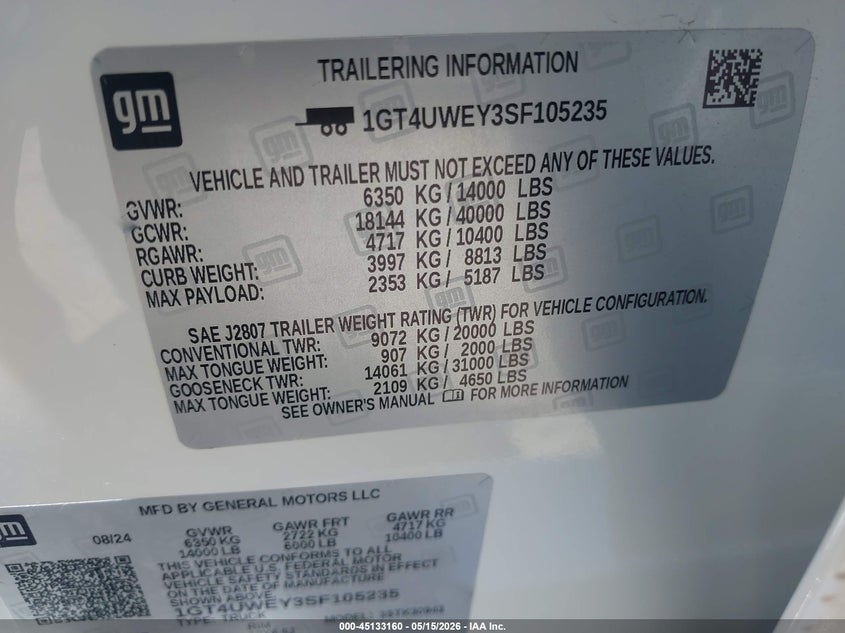2025 Gmc SIERRA VIN 1GT4UWEY3SF105235 IAAI salvage auction — REAR END, Salvage (Georgia), sold $31,750 on 2026-07-18 (photo 9)