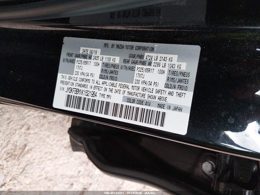 2019 Mazda Cx-5 VIN JM3KFBBMXK1621964 IAAI salvage auction — HAIL, Clear (Wisconsin), sold $7,700 on 2026-07-22 (photo 9)