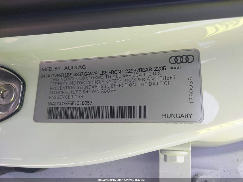 2015 Audi A3 VIN WAUCCGFF6F1018057 IAAI salvage auction — FRONT END, Salvage (Texas), sold $1,325 on 2026-07-16 (photo 9)