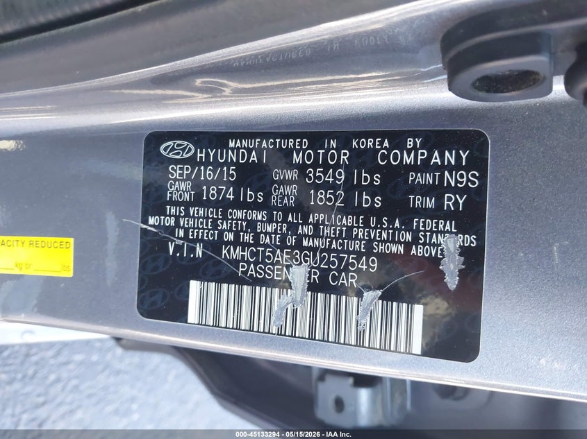 2016 Hyundai Accent VIN KMHCT5AE3GU257549 IAAI salvage auction — NORMAL WEAR, Salvage (Texas), sold $975 on 2026-07-22 (photo 9)