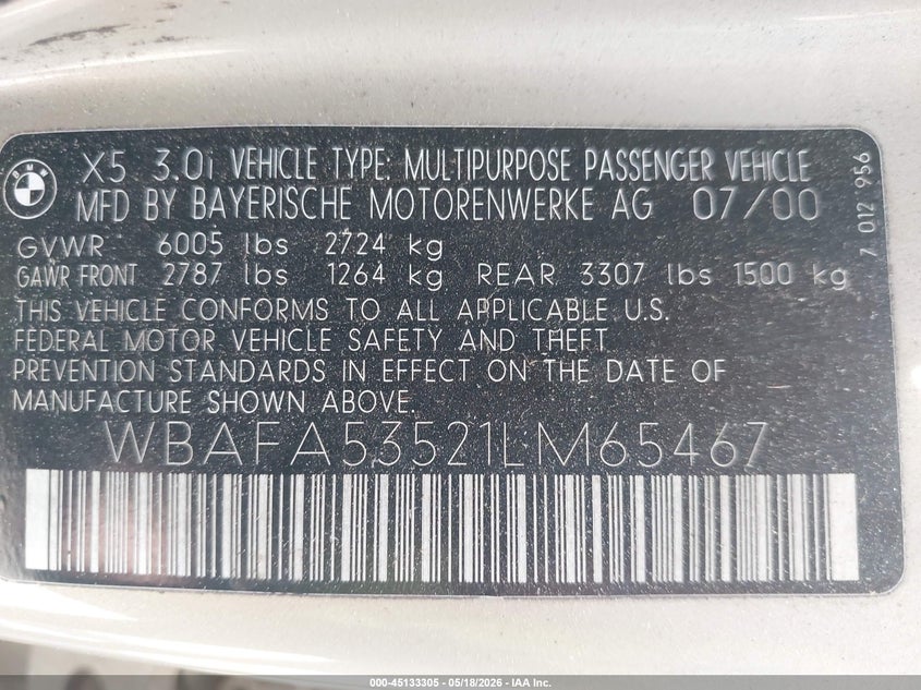 2001 BMW X5 VIN WBAFA53521LM65467 IAAI salvage auction — FRONT & REAR, Salvage (New Jersey), sold $450 on 2026-07-07 (photo 9)