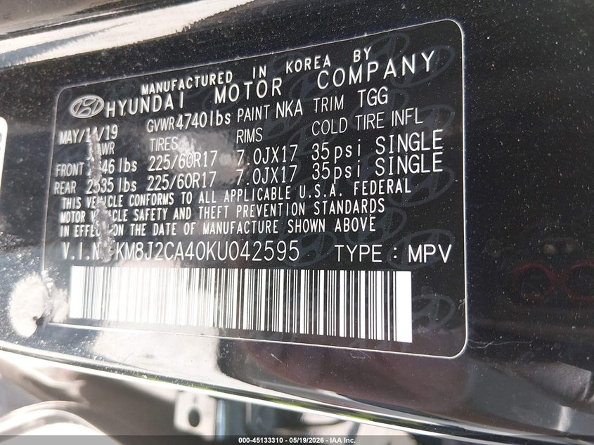2019 Hyundai Tucson VIN KM8J2CA40KU042595 IAAI salvage auction — FRONT END, Salvage (New Jersey), sold $3,050 on 2026-07-28 (photo 9)