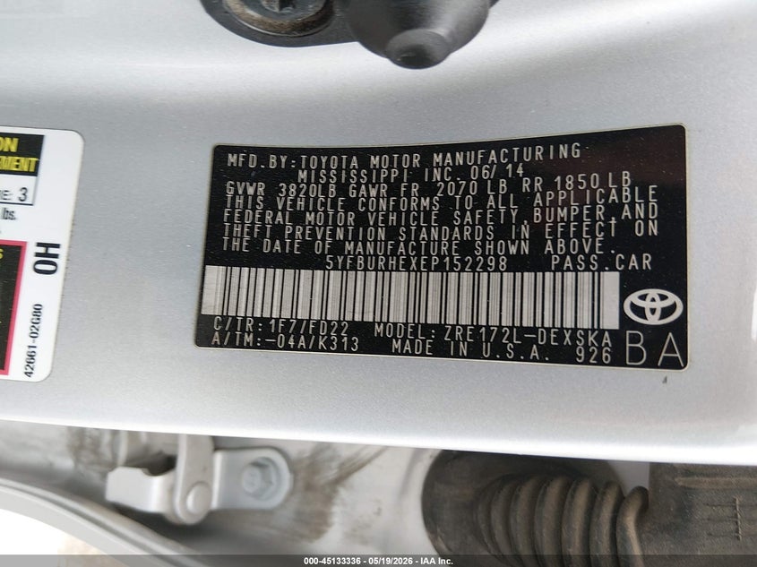 2014 Toyota Corolla VIN 5YFBURHEXEP152298 IAAI salvage auction — HAIL, Salvage (Kansas), sold $4,400 on 2026-07-31 (photo 9)