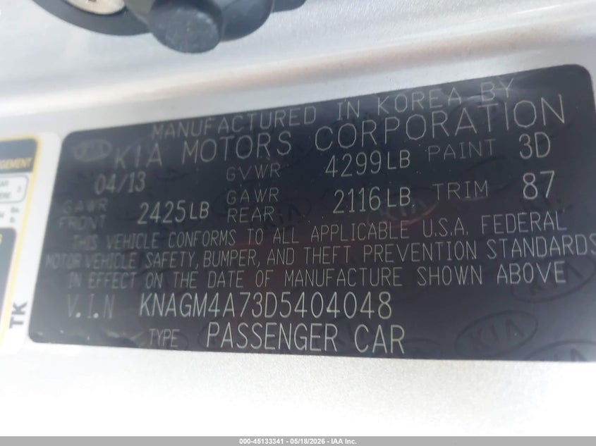 2013 Kia Optima VIN KNAGM4A73D5404048 IAAI salvage auction — UNKNOWN, Salvage (Arizona), sold $1,600 on 2026-07-14 (photo 9)