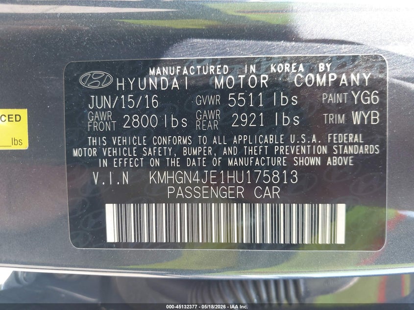 2017 Genesis G80 VIN KMHGN4JE1HU175813 IAAI salvage auction — FRONT END, Salvage Title, sold $1,650 on 2026-07-22 (photo 9)