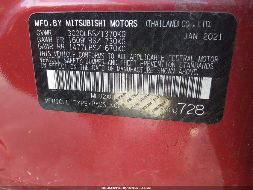 2021 Mitsubishi Mirage VIN ML32AUHJ9MH004942 IAAI salvage auction — REAR END, Salvage (Kentucky), sold $1,900 on 2026-07-13 (photo 9)