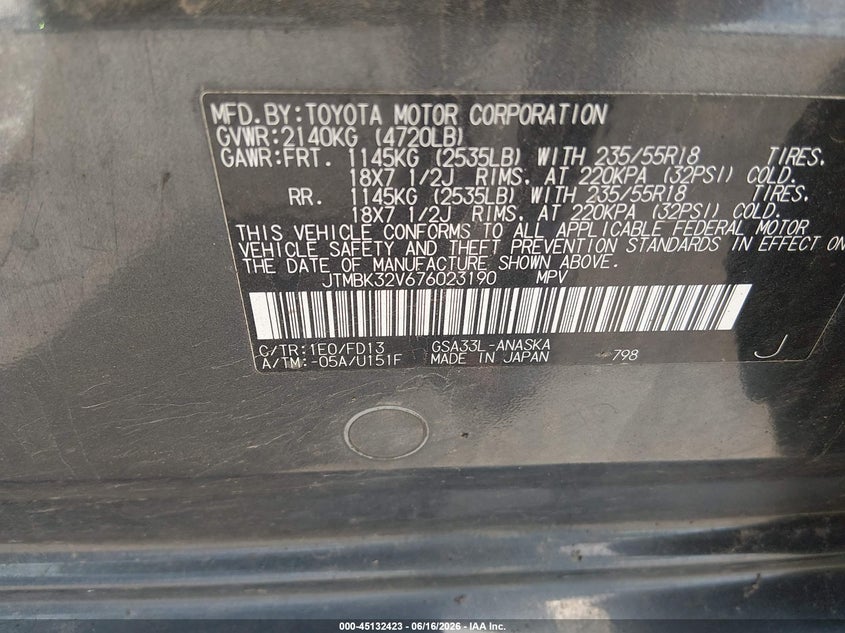 2007 Toyota Rav4 VIN JTMBK32V676023190 IAAI salvage auction — HAIL, Prior Salvage (Minnesota), sold $675 on 2026-07-27 (photo 9)