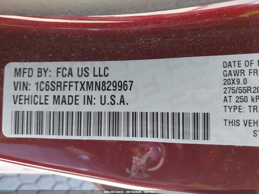 2021 Ram 1500 VIN 1C6SRFFTXMN829967 IAAI salvage auction — LEFT SIDE, Original (Texas), sold $9,500 on 2026-07-29 (photo 9)