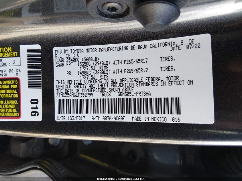 2020 Toyota Tacoma VIN 3TMCZ5AN6LM352799 IAAI salvage auction — REAR END, Salvage (Arizona), sold $17,000 on 2026-08-01 (photo 9)