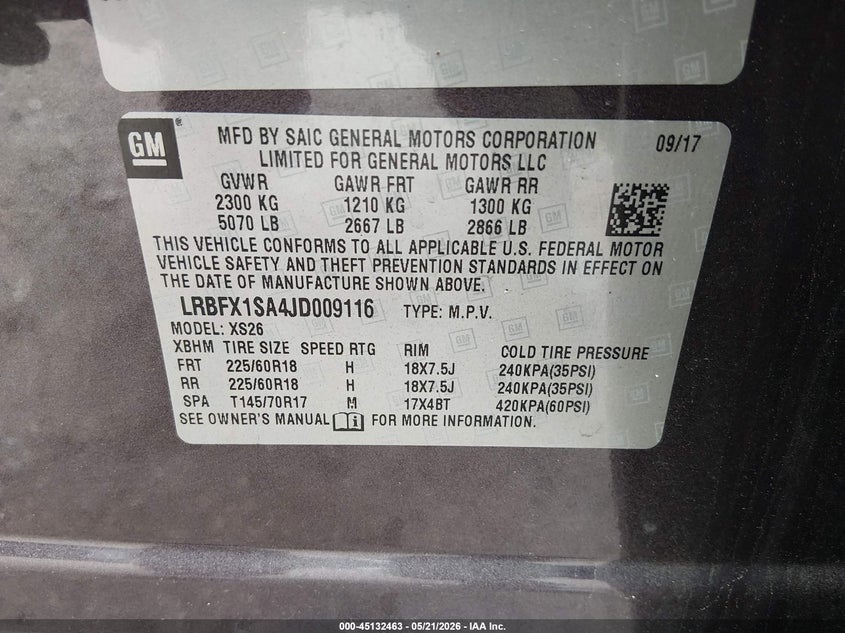 2018 Buick Envision VIN LRBFX1SA4JD009116 IAAI salvage auction — FRONT END, Salvage (Idaho), sold $1,150 on 2026-07-31 (photo 9)