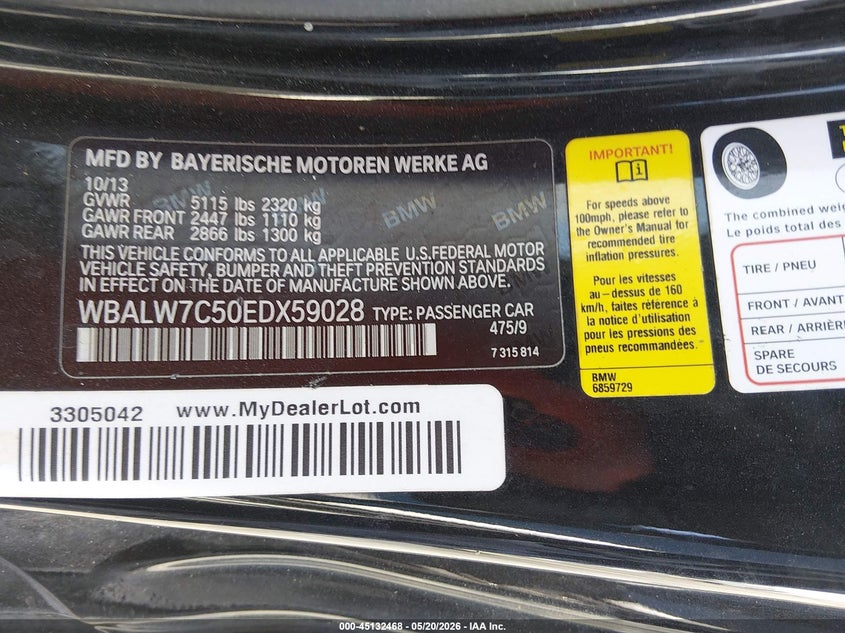 2014 BMW 6er VIN WBALW7C50EDX59028 IAAI salvage auction — WATER/FLOOD, Rebuildable (Florida), sold $1,900 on 2026-07-16 (photo 9)