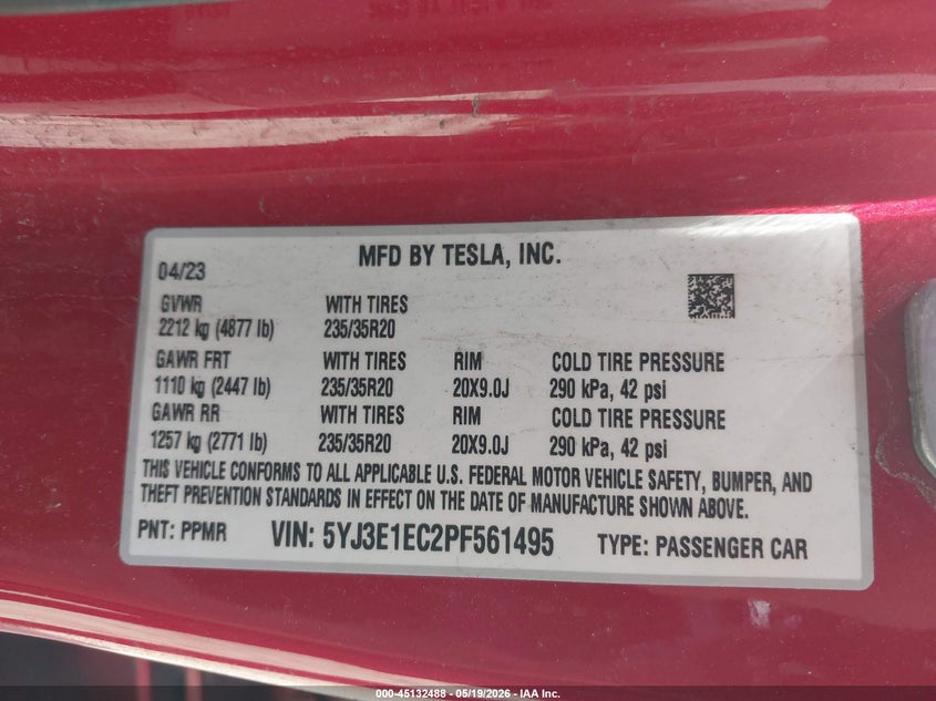 2023 Tesla Model 3 VIN 5YJ3E1EC2PF561495 IAAI salvage auction — FRONT & REAR, Salvage (Massachusetts), sold $4,900 on 2026-07-30 (photo 9)