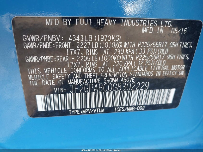 2016 Subaru Xv VIN JF2GPABC0G8302229 IAAI salvage auction — FRONT END, Salvage (Georgia), sold $25 on 2026-08-01 (photo 9)