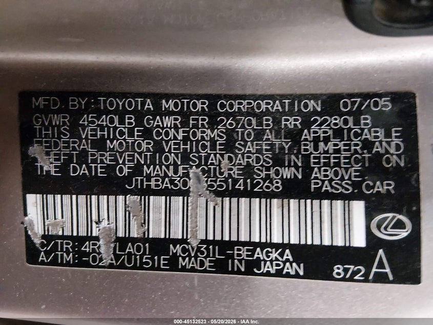 2005 Lexus ES VIN JTHBA30G355141268 IAAI salvage auction — FRONT & REAR, Salvage (Iowa), sold $500 on 2026-07-28 (photo 9)