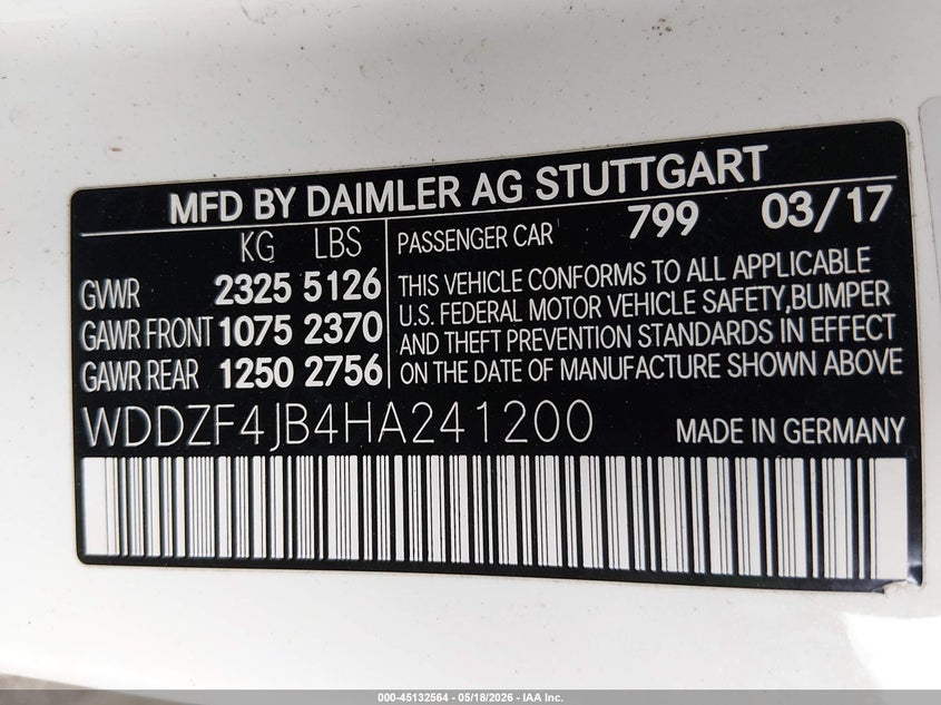 2017 Mercedes-benz E-klasse VIN WDDZF4JB4HA241200 IAAI salvage auction — REAR END, Rebuildable (Florida), sold $6,200 on 2026-07-09 (photo 9)