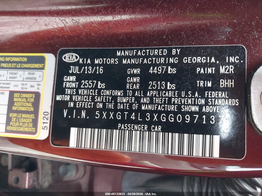 2016 Kia Optima VIN 5XXGT4L3XGG097137 IAAI salvage auction — THEFT, Salvage (Pennsylvania), sold $850 on 2026-08-02 (photo 9)