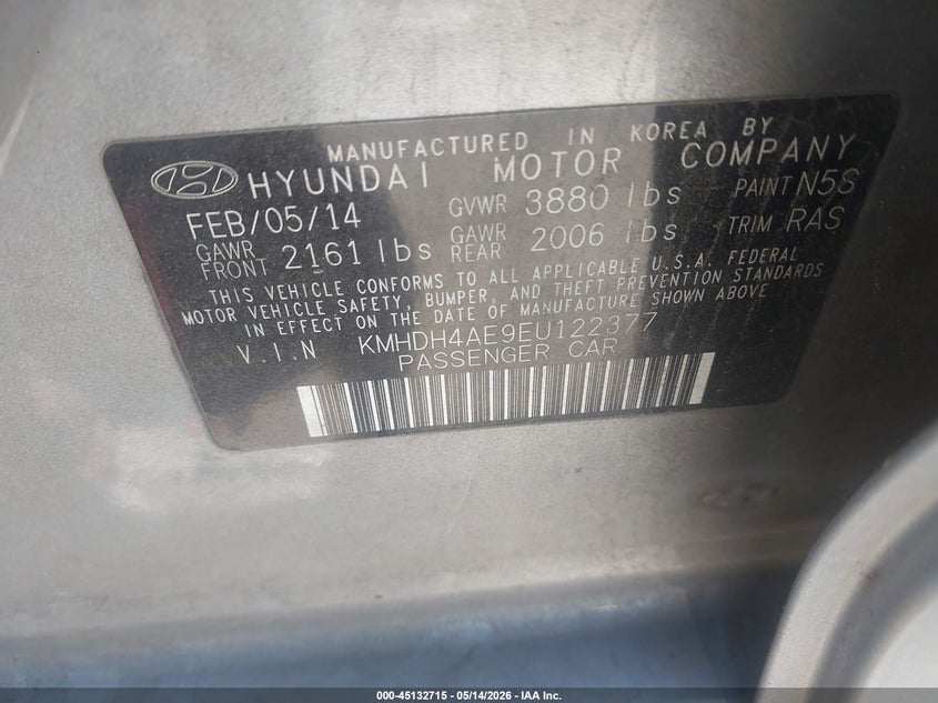 2014 Hyundai Elantra VIN KMHDH4AE9EU122377 IAAI salvage auction — NORMAL WEAR, Clear-Dealer Only (North Carolina), sold $1,350 on 2026-07-06 (photo 9)