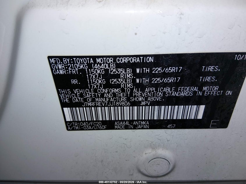 2018 Toyota Rav 4 VIN JTMRFREV7JJ189806 IAAI salvage auction — FRONT END, Salvage (Idaho), sold $5,500 on 2026-07-12 (photo 9)