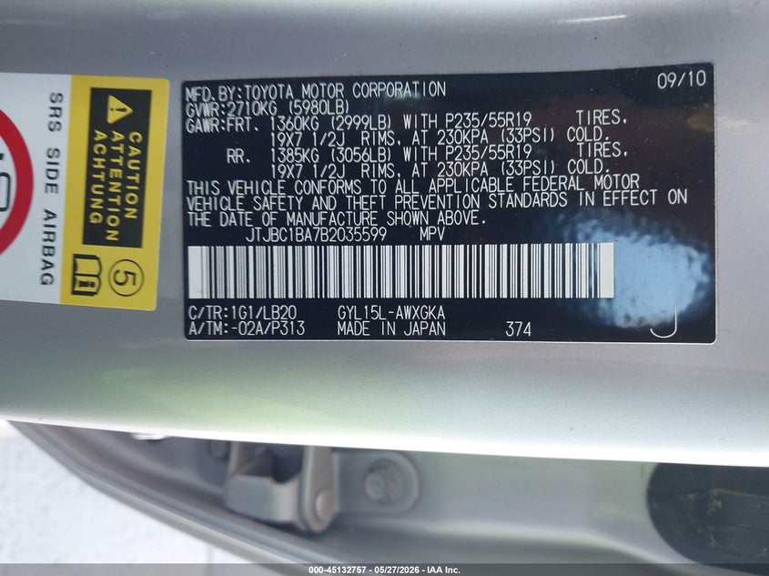 2011 Lexus Rx VIN JTJBC1BA7B2035599 IAAI salvage auction — VANDALISM, Salvage (California), sold $3,000 on 2026-07-20 (photo 9)