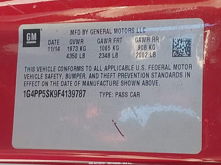 2015 Buick Verano VIN 1G4PP5SK9F4139787 IAAI salvage auction — REAR END, Salvage (Texas), sold $675 on 2026-07-11 (photo 9)