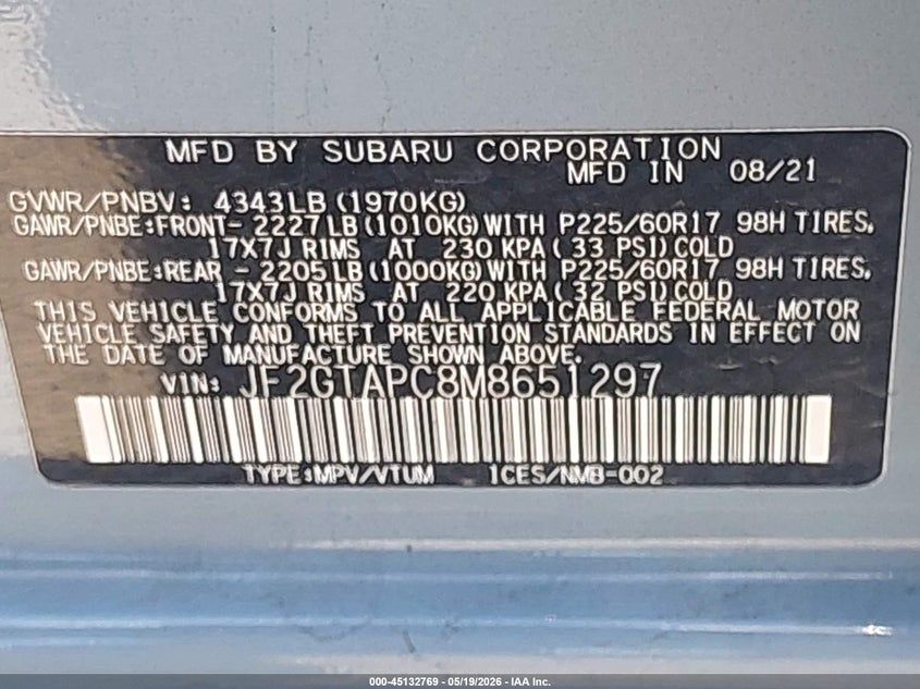 2021 Subaru Xv VIN JF2GTAPC8M8651297 IAAI salvage auction — FRONT END, Salvage (California), sold $3,850 on 2026-07-14 (photo 9)