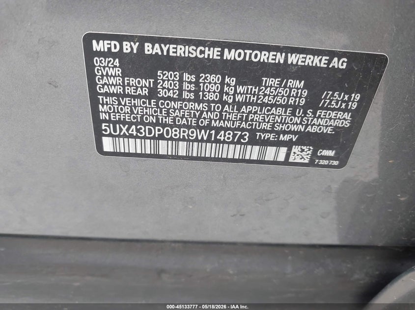 2024 BMW X3 VIN 5UX43DP08R9W14873 IAAI salvage auction — LEFT FRONT, Salvage (Texas), sold $8,600 on 2026-07-28 (photo 9)