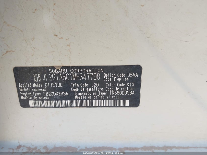 2021 Subaru Xv VIN JF2GTABC1MH347798 IAAI salvage auction — LEFT SIDE, Original (Texas), sold $2,150 on 2026-07-13 (photo 9)