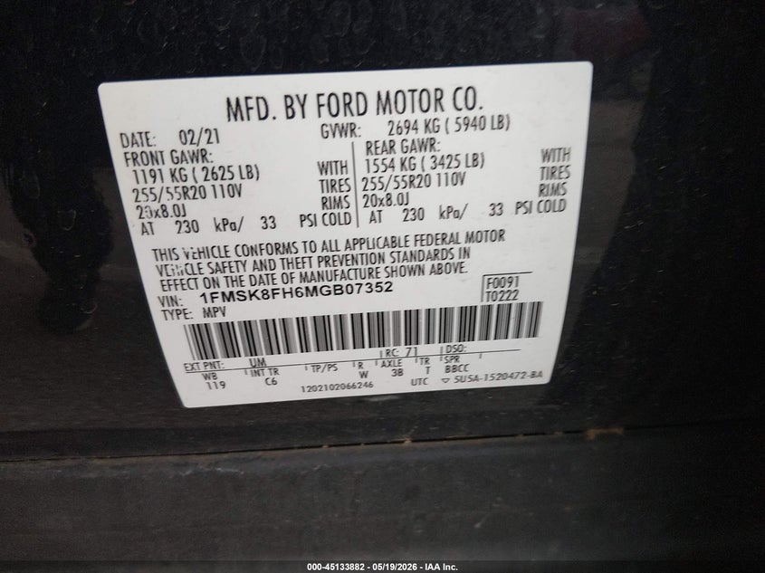 2021 Ford Explorer VIN 1FMSK8FH6MGB07352 IAAI salvage auction — HAIL, Salvage (Illinois), sold $9,050 on 2026-07-28 (photo 9)