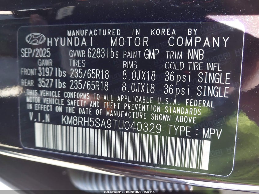 2026 Hyundai Palisade VIN KM8RH5SA9TU040329 IAAI salvage auction — FRONT END, Salvage Certificate (California), sold $16,550 on 2026-07-31 (photo 9)