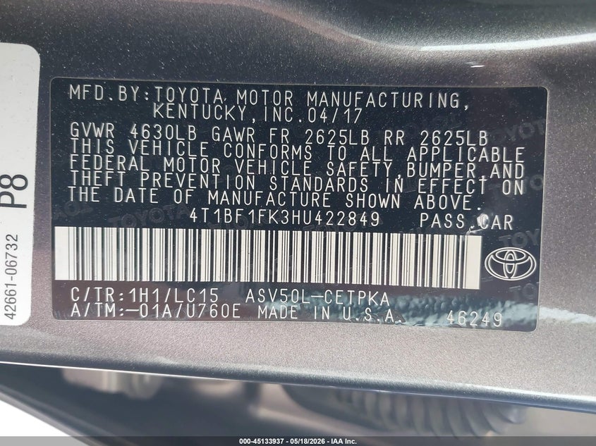 2017 Toyota Camry VIN 4T1BF1FK3HU422849 IAAI salvage auction — LEFT FRONT, Salvage Certificate (California), sold $3,150 on 2026-07-10 (photo 9)