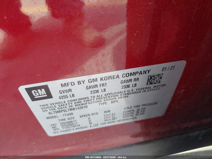 2021 Chevrolet Trailblazer VIN KL79MPSL7MB142610 IAAI salvage auction — FRONT END, Salvage Title, sold $2,700 on 2026-07-21 (photo 9)