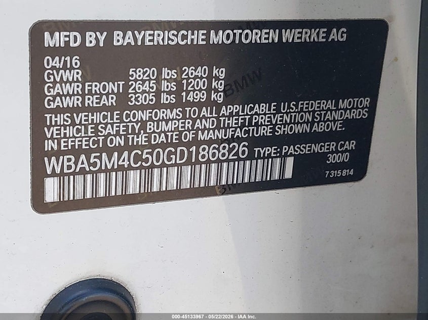 2016 BMW VIN WBA5M4C50GD186826 IAAI salvage auction — REAR END, Salvage (New Jersey), sold $3,275 on 2026-08-17 (photo 9)