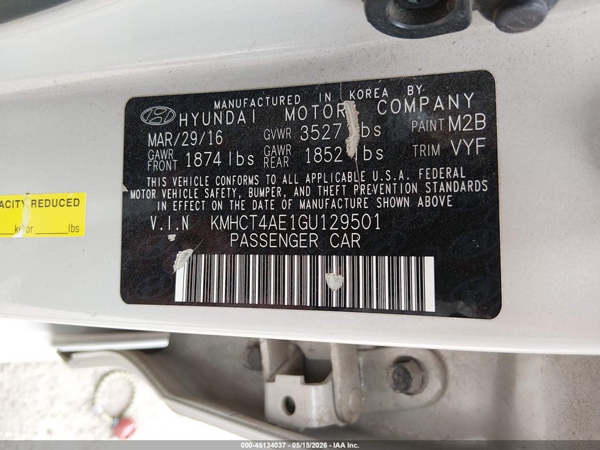 2016 Hyundai Accent VIN KMHCT4AE1GU129501 IAAI salvage auction — FRONT END, Salvage (Texas), sold $375 on 2026-07-07 (photo 9)