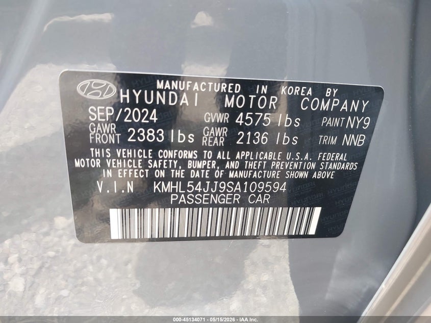 2025 Hyundai Sonata VIN KMHL54JJ9SA109594 IAAI salvage auction — FRONT END, Original (Texas), sold $11,200 on 2026-07-27 (photo 9)