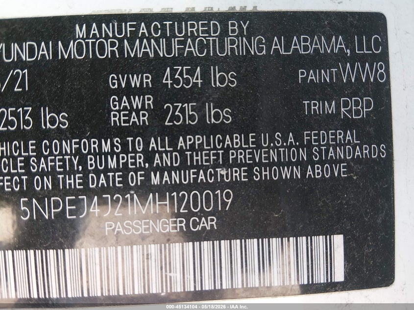 2021 Hyundai Sonata VIN 5NPEJ4J21MH120019 IAAI salvage auction — FRONT END, Salvage (Kentucky), sold $5,500 on 2026-07-29 (photo 9)
