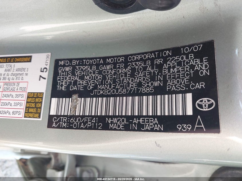 2008 Toyota Prius VIN JTDKB20U587717885 IAAI salvage auction — LEFT FRONT, Bill Of Sale (Washington), sold $1,100 on 2026-07-08 (photo 9)