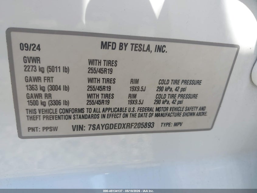 2024 Tesla Model y VIN 7SAYGDEDXRF205893 IAAI salvage auction — REAR END, Salvage Title, sold $9,300 on 2026-08-01 (photo 8)
